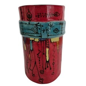 Colorful Red Blue Studio Pottery Vase With Doodles Hearts Stamped Marcia